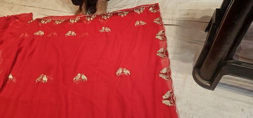 Elegant Red Chiffon Saree with Golden Bird Embroidery Border