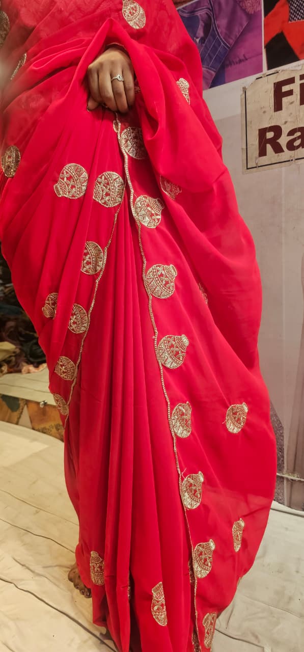 Premium Red Georgette Saree with Golden Potli Motif Work | Designer Party Wear Saree