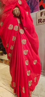 Premium Red Georgette Saree with Golden Potli Motif Work | Designer Party Wear Saree