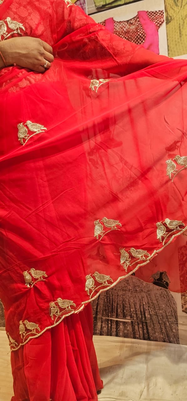 Elegant Red Chiffon Saree with Golden Bird Embroidery Border